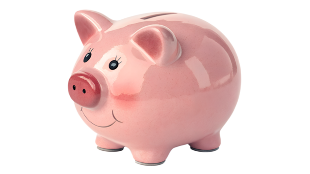 Classic pink ceramic piggy bank, isolated on transparent background, soft lighting.