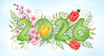 Spring flowers and greenery adorn the year 2026
