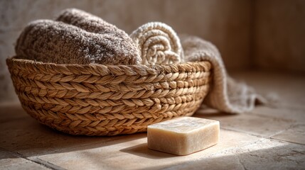 Fototapeta premium Natural Woven Basket with Soft Towels and Handmade Soap on Stone Floor – Cozy Bath Spa Scene for Home, Mood, and Gift Photography