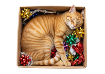Adorable Ginger Cat Sleeps Peacefully Inside Gift Box Surrounded by Colorful Bows and Wrapping Paper