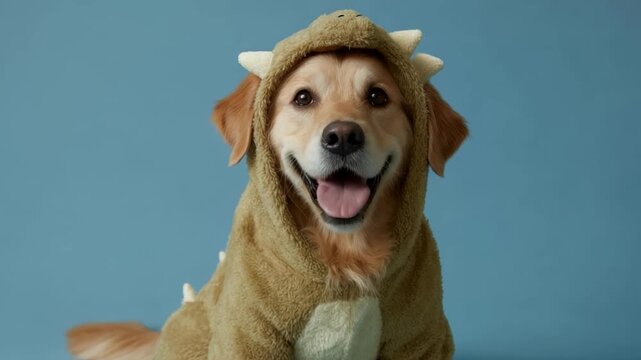 Dog in dinosaur costume, playful and whimsical vibe, Halloween-themed pet dress-up, golden hues and joyful expression, humor and cuteness blend