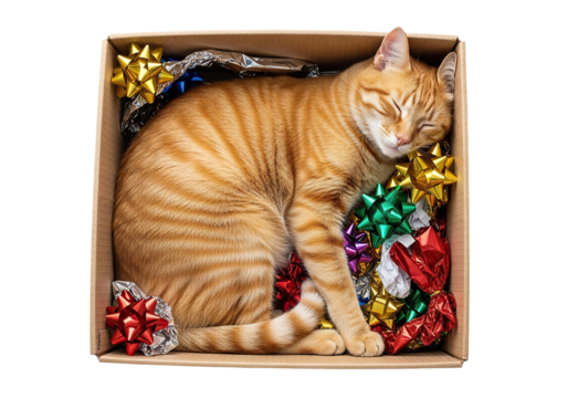 Adorable Ginger Cat Sleeps Peacefully Inside Gift Box Surrounded by Colorful Bows and Wrapping Paper