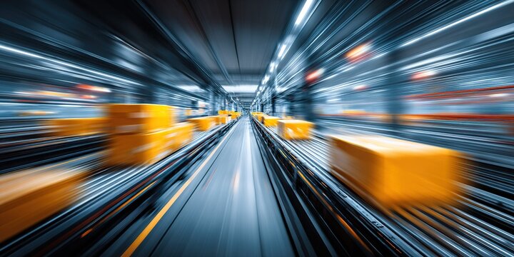 Fast moving packages on conveyor belts in a busy distribution center during peak hours