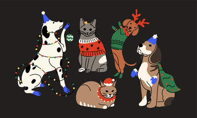 Festive Cute Cats and Dogs in Holiday Sweaters. Cartoon Animals with Christmas Lights and Hats. Fun New Year Pet Illustrations for Stickers and Decor