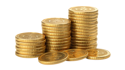 Golden coins stacked neatly, isolated on transparent background, sharp reflections and detail.