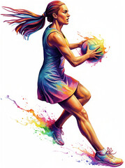Isolated Rainbow Sports - Focused Female Netball Player Mid-Run With Vibrant Liquid Paint Splatter Movement