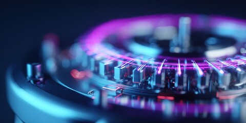 Close-up view of a modern sound mixer showcasing colorful lights and precise controls in a dark studio setting