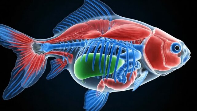 Illuminated x ray view of a fish showing the skeleton and internal organs against black background