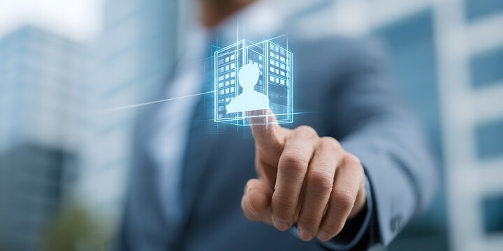 Business professional using technology to engage with virtual representation of a building and a person in a city