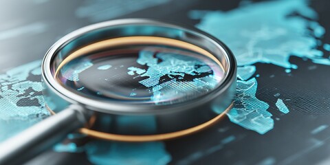 Exploring global connections with a magnifying glass over a digital world map