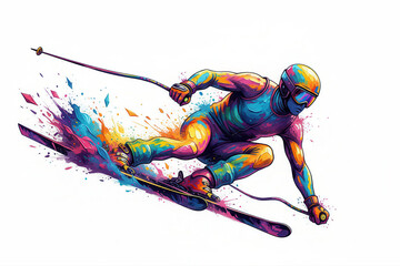 Isolated Rainbow Sports - Intense Ski Racer Carving Downhill Turn With Explosive Liquid Paint Splatter Kinetic