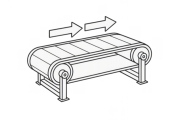 Conveyor belt machine functioning as a system for transporting goods in manufacturing, assembly, and logistics on a transparent background
