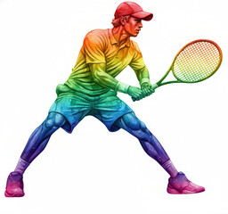 Isolated Rainbow Sports - Intense Male Tennis Player Low Backhand Stance With Dynamic Watercolor Gradient Power