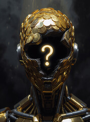 Futuristic cyber figure with a head of gold coins and an empty face showing a glowing question mark. Symbol of AI, consciousness mystery, and value of human essence.