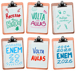 Conjunto de Pranchetas e aviso de ensino, ENEM, Volta &agrave;s aulas, materiais escolares, recesso e f&eacute;rias, em papel de caderno pautado