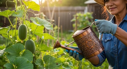 Woman Watering Plants In Her Garden, Freshly Grown Vegetable Production