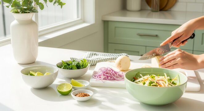 Woman Prepares Fresh Ingredients For Salad In Bright Kitchen Setting
