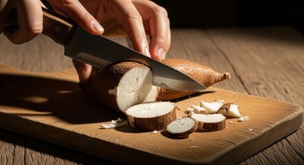 Woman's Hands Cutting Fresh Cassava on a Wooden Cutting Board With Sharp Knife