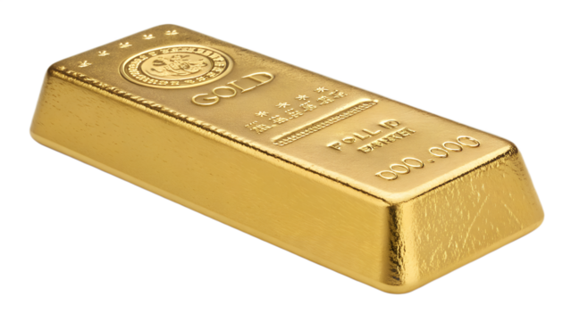Single gold bar with engraved details, isolated on transparent background, metallic shine.