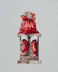Santas legs in chimney with gift bag watercolor painting