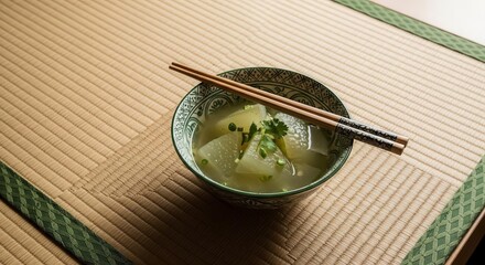 Zen Cuisine: A Serene Bowl of Asian Soup Presented on a Traditional Tatami Mat