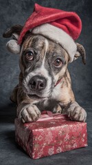 Dog in Santa hat unwrapping gift box with mischievous look