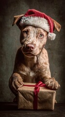 Dog in Santa hat unwrapping gift box with mischievous look