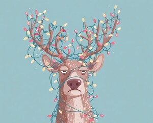 Grumpy reindeer tangled in Christmas lights on pastel background