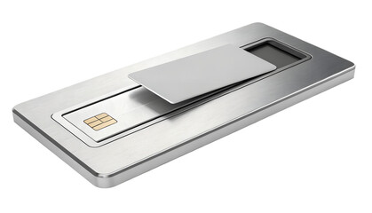 Credit card being inserted into slot, isolated on transparent background, sleek modern look.