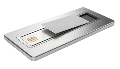 Credit card being inserted into slot, isolated on transparent background, sleek modern look.