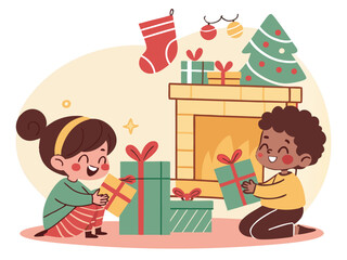 Children opening Christmas gifts near cozy fireplace and decorated tree, warm festive illustration ideal for holiday cards, posters and seasonal artwork