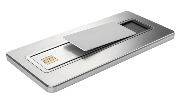 Credit card being inserted into slot, isolated on transparent background, sleek modern look.