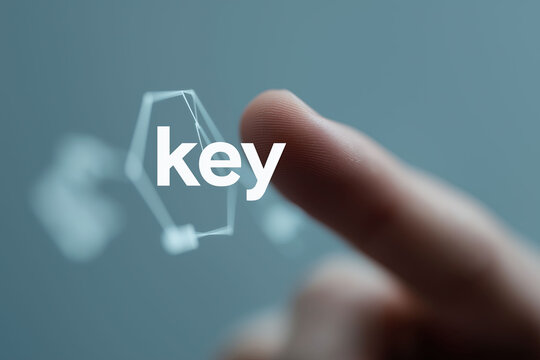 Finger pressing transparent digital key icon for secure biometric authentication access.
