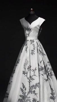 Black and white toile de jouy long elegant dress design on black background 4K