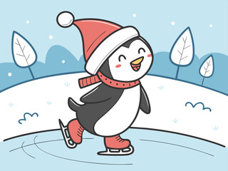 Adorable penguin wearing Santa hat ice skating in snowy field, cute winter Christmas illustration ideal for festive cards and children&rsquo;s designs