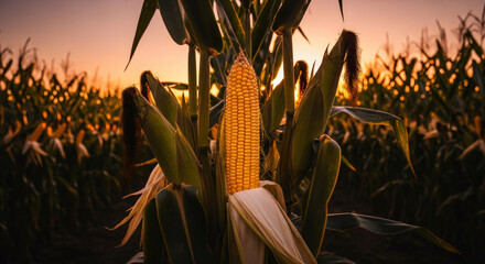 Golden corn cob ripening in a field at sunset, bathed in warm light.