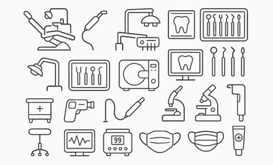 Dental Equipment Line Icons &ndash; Dentist Tools and Clinic Instruments