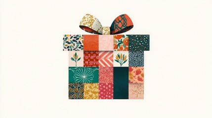 Presentshaped illustration with collagestyle and textured papers on white