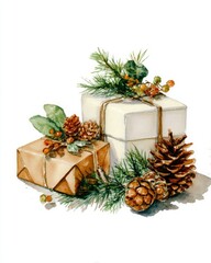 Gifts decorated with pinecones and juniper branches in watercolor