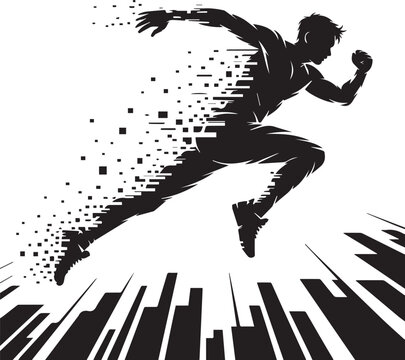 Black silhouette of a man running dissolving into pixels and abstract shapes running man
