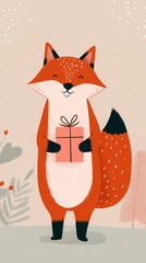 Playful Fox Holding Gift in Flat Illustration