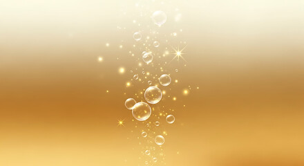 Abstract bubbles rising in golden background with sparkling highlights creating a soothing atmosphere. Bubbles intertwined with light add a sense of tranquility and elegance,