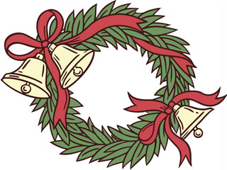 Beautiful Christmas wreath decorated with red bow and green leaves, festive holiday design perfect for cards, invitations and seasonal artwork