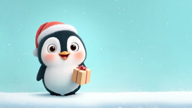 Cute 3d rendered penguin wearing a red santa hat holding a christmas gift box on a cold snowy light blue background, funny xmas present scene