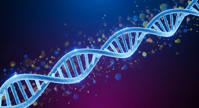 Abstract 3d rendering of a dna double helix with glowing particles against a dark blue and purple gradient background - Powered by Adobe