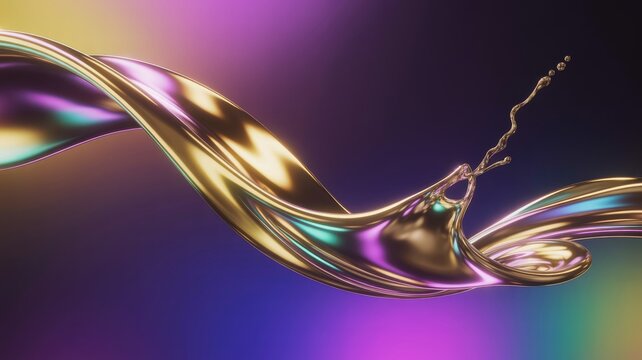 Abstract liquid gold wave with splash iridescent fluid flow dynamic metallic design element for backgrounds and presentations