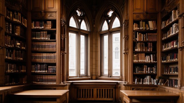 Vintage library reading nook with gothic architecture and wooden bookshelves