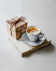 Minimalist watercolor painting of gift cocoa and book