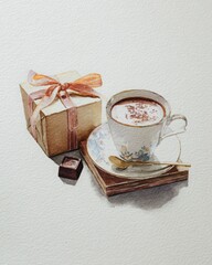 Minimalist watercolor painting of gift cocoa and book