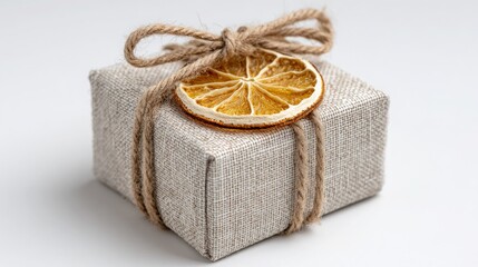 Hyperrealistic photo of gift box and dried orange slice